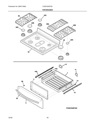 Top/drawer Diagram and Parts List for FGGF3036TDE  Frigidaire Range