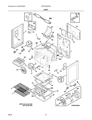Body Diagram and Parts List for FGGF3045RFD  Frigidaire Range