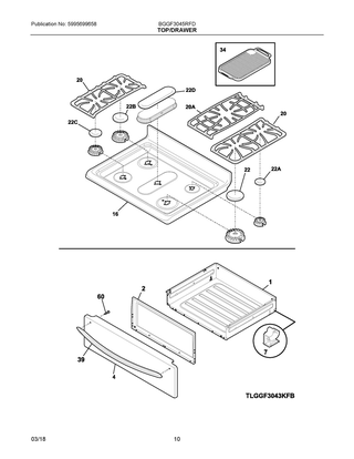 Top/drawer Diagram and Parts List for BGGF3045RFD  Frigidaire Range