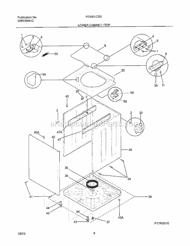 Lower Cabinet / Top Diagram and Parts List for FEX831CS0  Frigidaire Washer Dryer Combo
