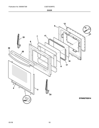Door Diagram and Parts List for CGEF3039RFE  Frigidaire Range