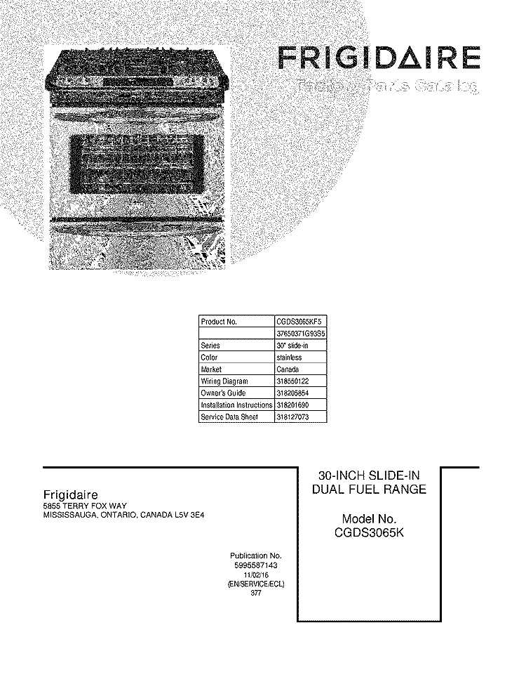 COVER Diagram and Parts List for CGDS3065KF5  Frigidaire Range