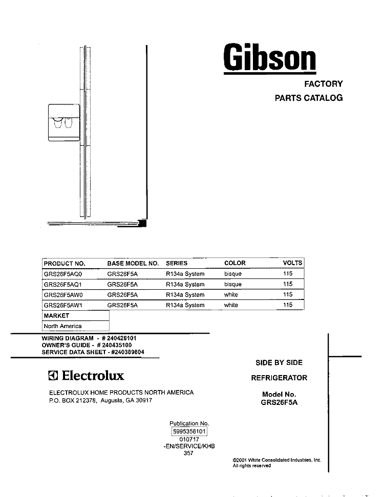 COVER Diagram and Parts List for GRS26F5AQ1  Gibson Refrigerator