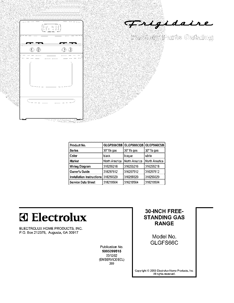COVER Diagram and Parts List for GLGFS66CQB  Frigidaire Range