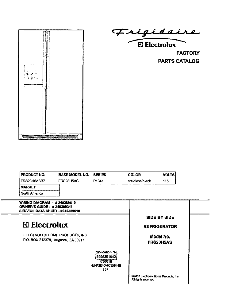 COVER Diagram and Parts List for FRS23H5ASB7  Frigidaire Refrigerator