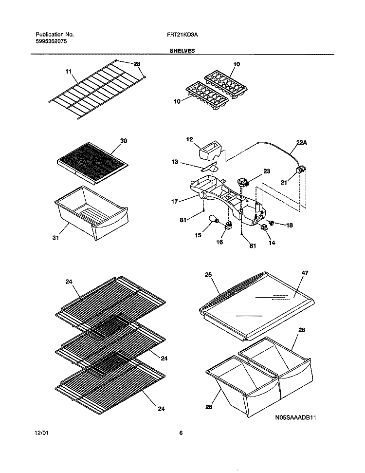 SHELVES Diagram and Parts List for FRT21KD3AZ2  Frigidaire Refrigerator