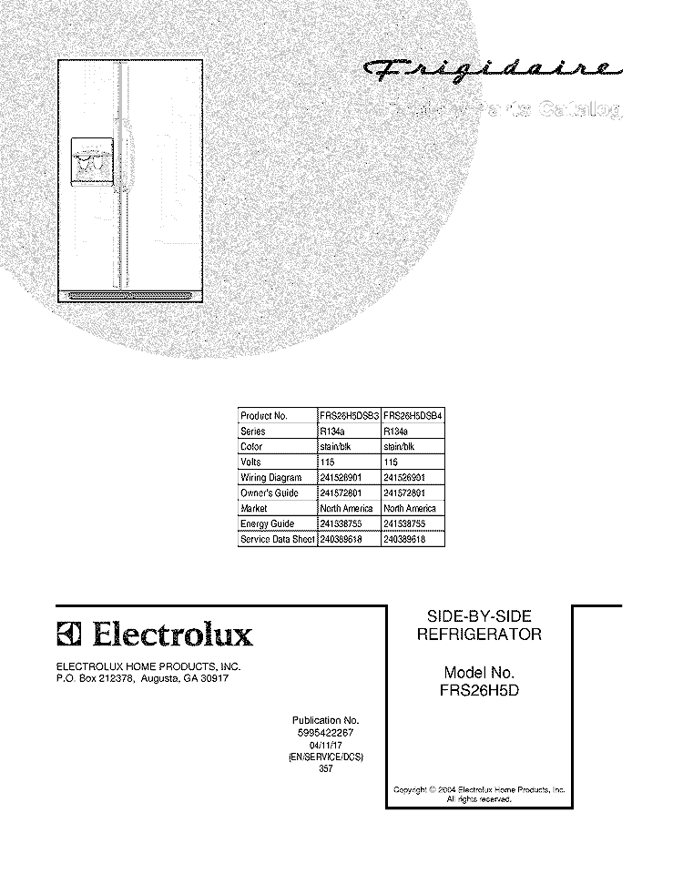 COVER Diagram and Parts List for FRS26H5DSB4  Frigidaire Refrigerator