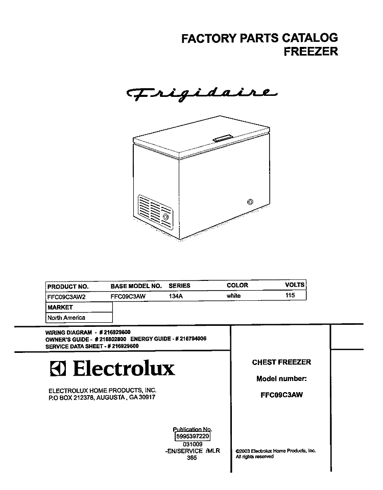 COVER Diagram and Parts List for FFC09C3AW2  Frigidaire Freezer