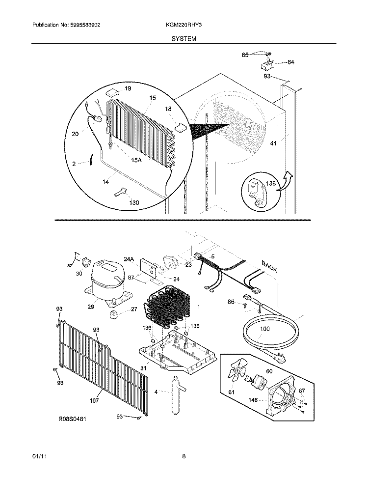 SYSTEM Diagram and Parts List for KGM220RHY3  Kelvinator Refrigerator