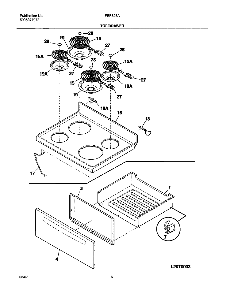 TOP / DRAWER Diagram and Parts List for FEF326ABC  Frigidaire Range