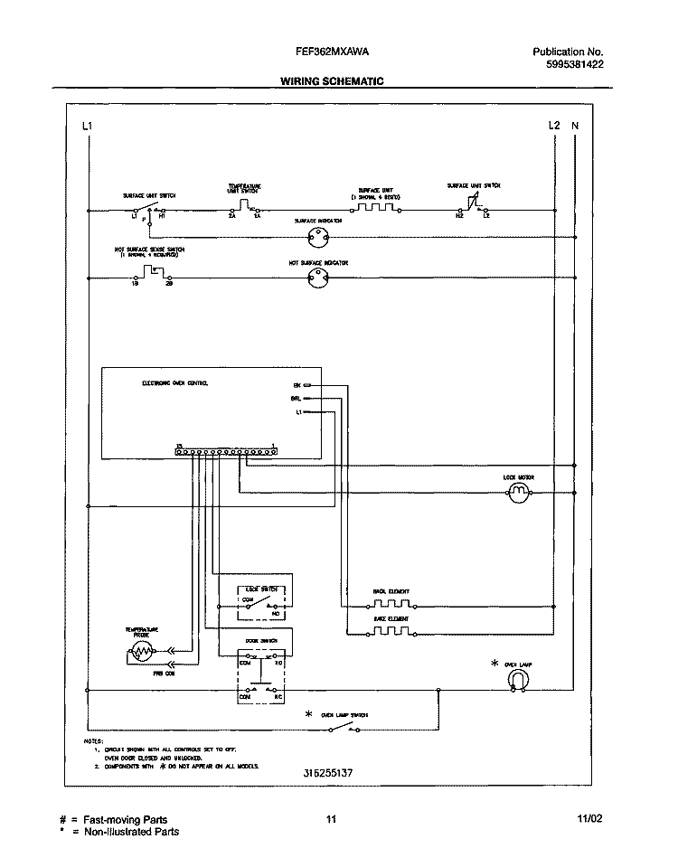 WIRING SCHEMATIC Diagram and Parts List for FEF362MXAWA  Frigidaire Range