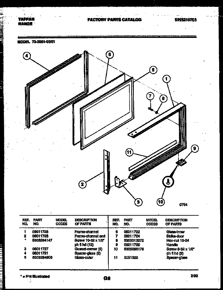 UPPER OVEN DOOR PARTS Diagram and Parts List for 73-3951-23-01  Tappan Range
