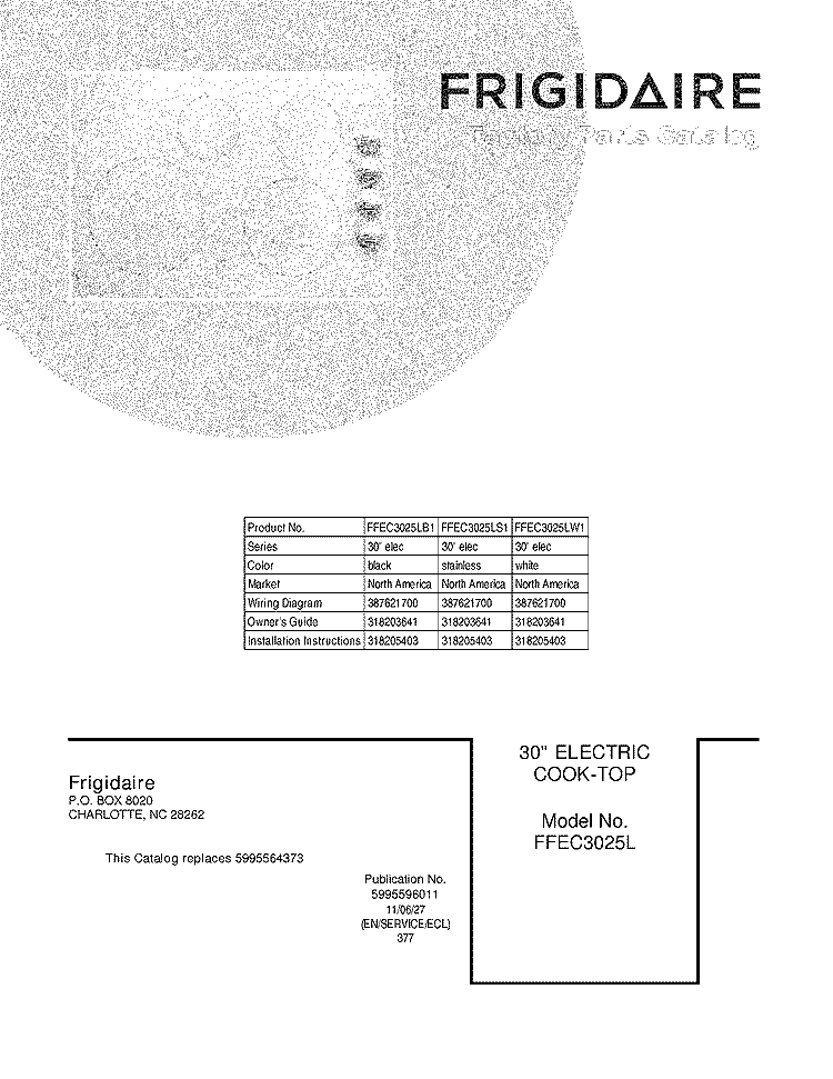 COVER Diagram and Parts List for FFEC3025LW1  Frigidaire Cooktop