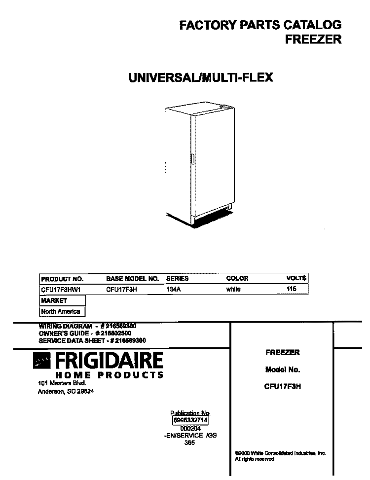 COVER Diagram and Parts List for CFU17F3HW1  Frigidaire Freezer