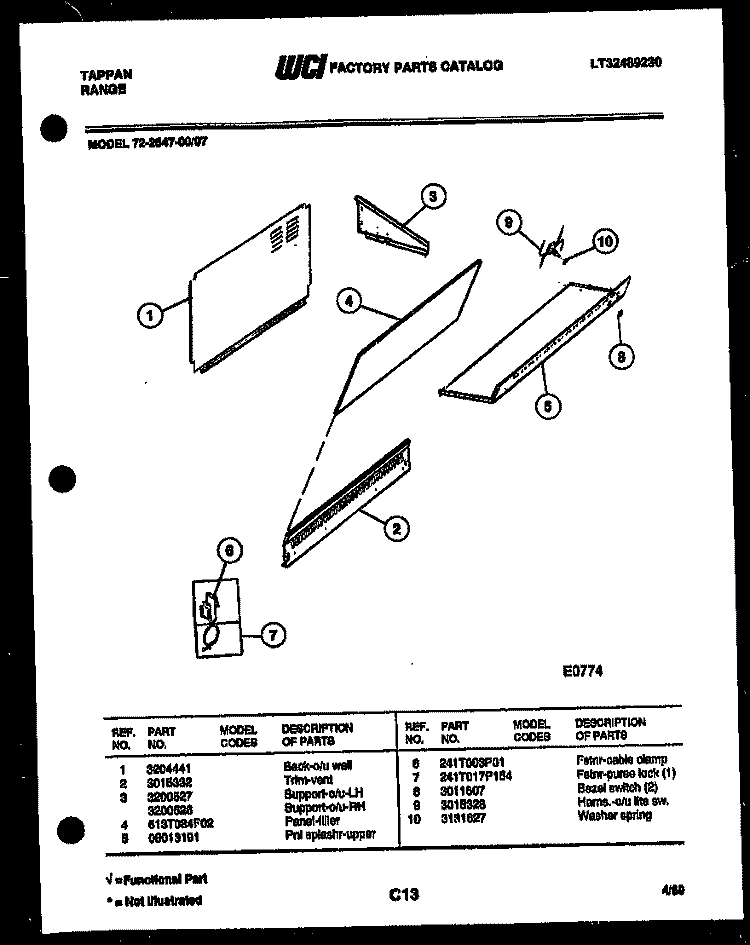SPLASHER CONTROL Diagram and Parts List for 72-2547-00-07  Tappan Range