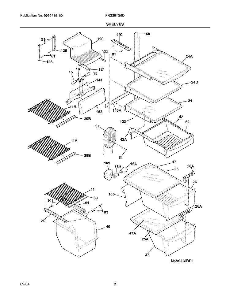 SHELVES Diagram and Parts List for FRS26TS6DW1  Frigidaire Refrigerator