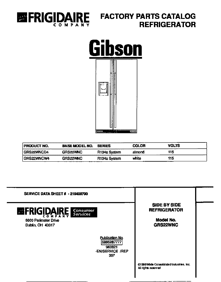 COVER Diagram and Parts List for GRS22WNCD4  Gibson Refrigerator