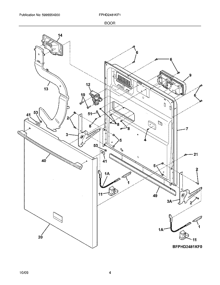 DOOR Diagram and Parts List for FPHD2481KF1  Frigidaire Dishwasher