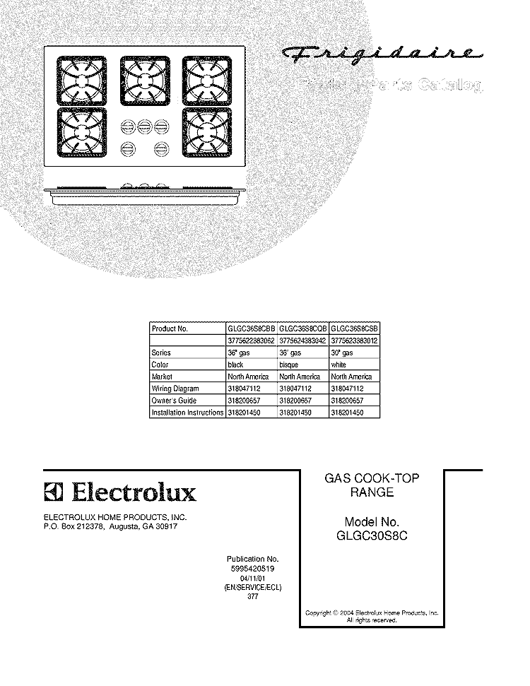 COVER Diagram and Parts List for GLGC36S8CQB  Frigidaire Cooktop