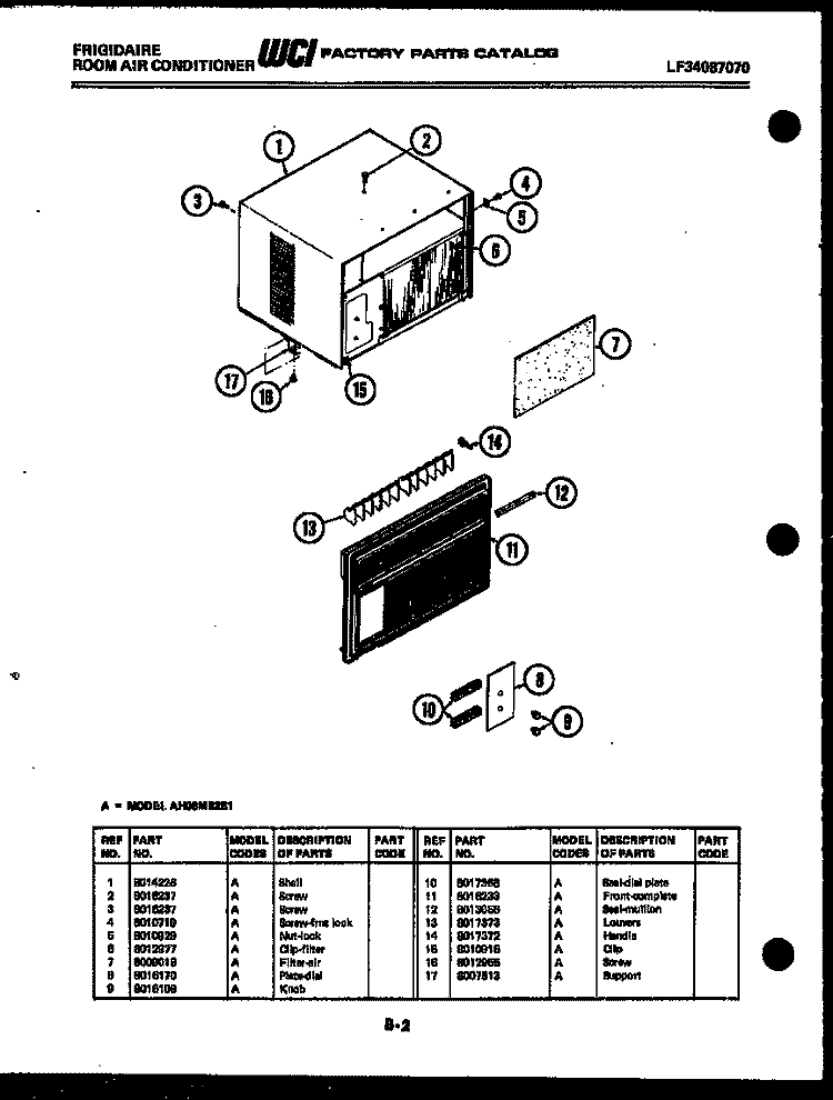 CABINET PARTS Diagram and Parts List for AH08ME2E1  Frigidaire Air Conditioner