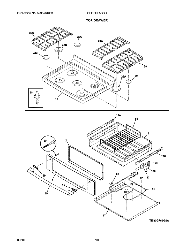 TOP/DRAWER Diagram and Parts List for CEI30GF5GSD  Electrolux Range