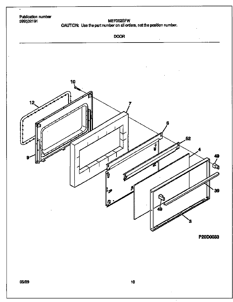 DOOR Diagram and Parts List for MEF352SFWB  Frigidaire Range