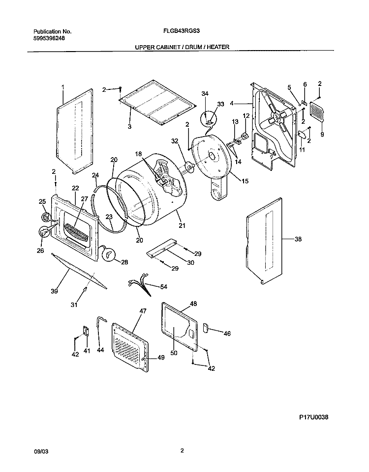 UPPER CABINET / DRUM / HEATER Diagram and Parts List for FLGB43RGS3  Frigidaire Washer Dryer Combo