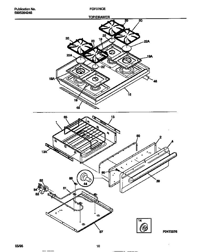 TOP / DRAWER Diagram and Parts List for FGF376CETC  Frigidaire Range