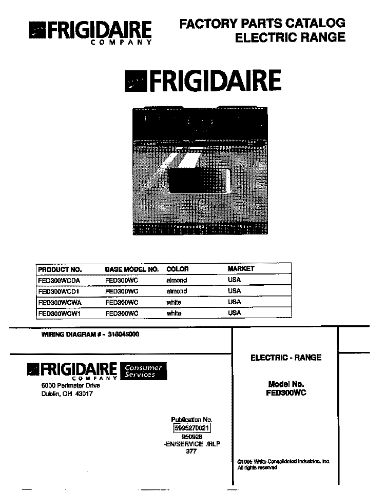 COVER Diagram and Parts List for FED300WCWA  Frigidaire Range