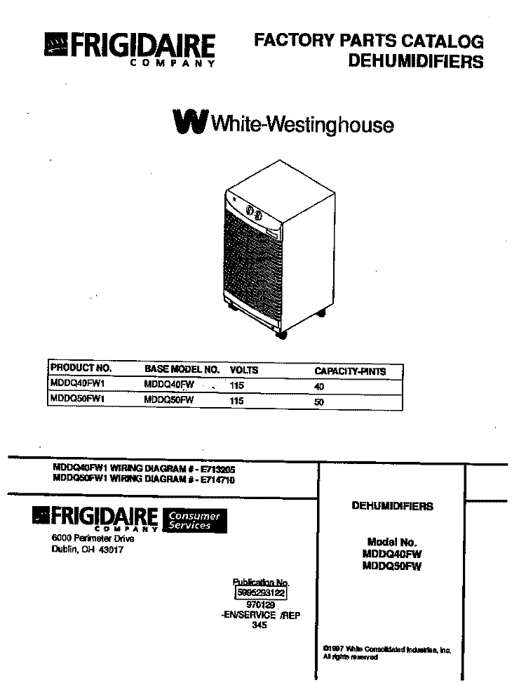 COVER Diagram and Parts List for MDDQ50FW1  Frigidaire Dehumidifier