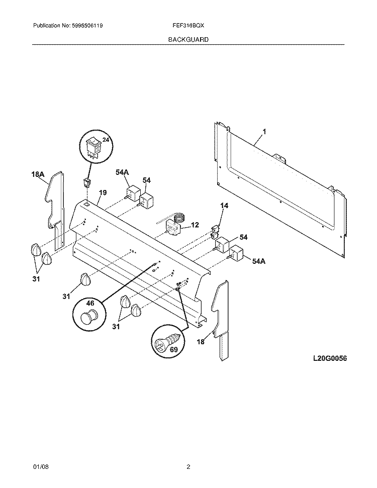 BACKGUARD Diagram and Parts List for FEF316BQX  Frigidaire Range