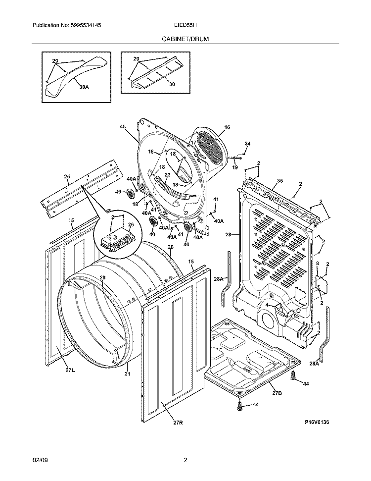 CABINET/DRUM Diagram and Parts List for EIED55HIW0  Electrolux Dryer