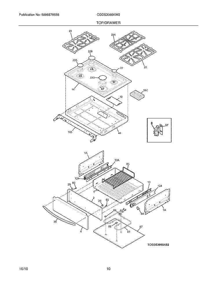 TOP/DRAWER Diagram and Parts List for CGDS3065KW2  Frigidaire Range