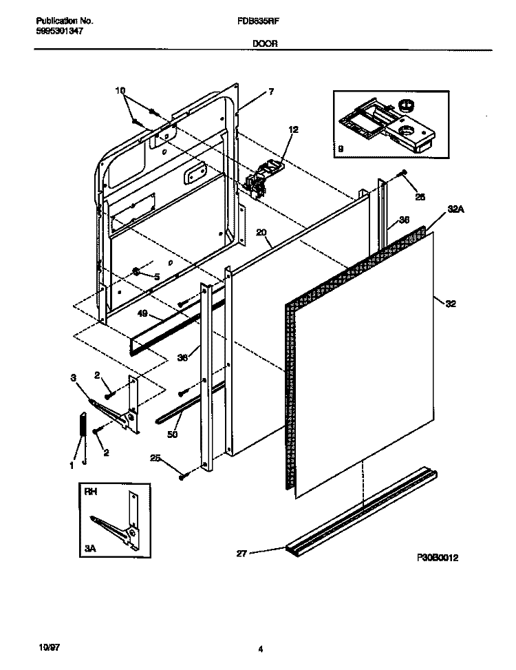 DOOR Diagram and Parts List for FDB635RFR3  Frigidaire Dishwasher