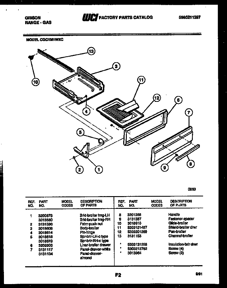 BROILER DRAWER PARTS Diagram and Parts List for CGC1M1WXC  Gibson Range