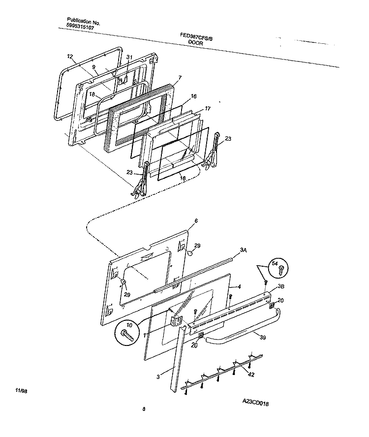 DOOR Diagram and Parts List for FED387CFBE  Frigidaire Wall Oven