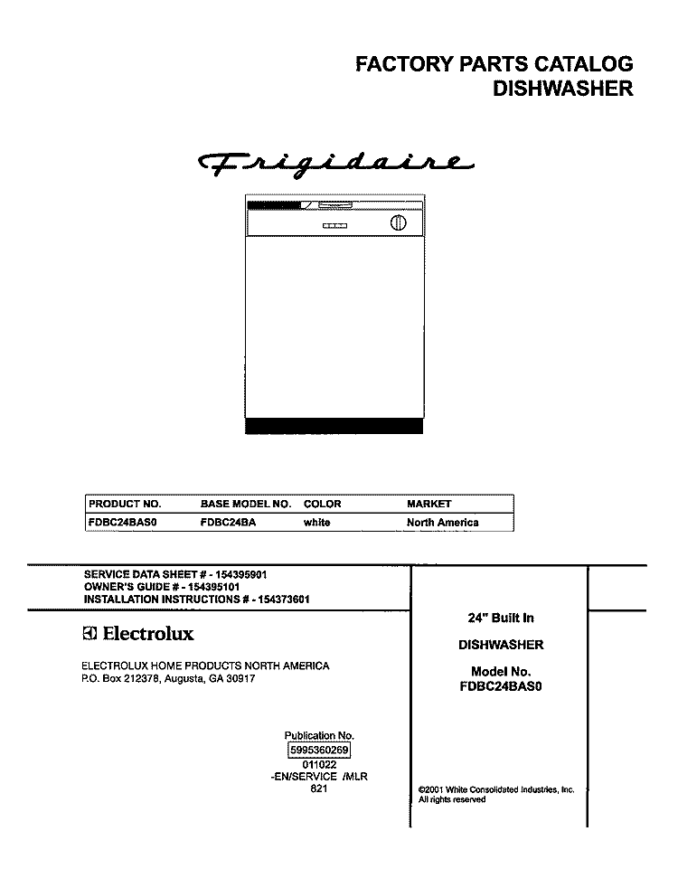 COVER Diagram and Parts List for FDBC24BAS0  Frigidaire Dishwasher