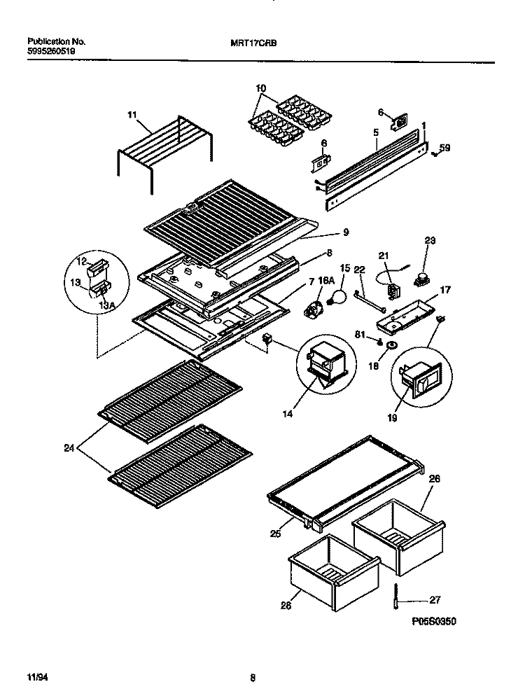 SHELVES, CONTROLS, DIVIDER, MULLION Diagram and Parts List for MRT17CRBD2  Frigidaire Refrigerator