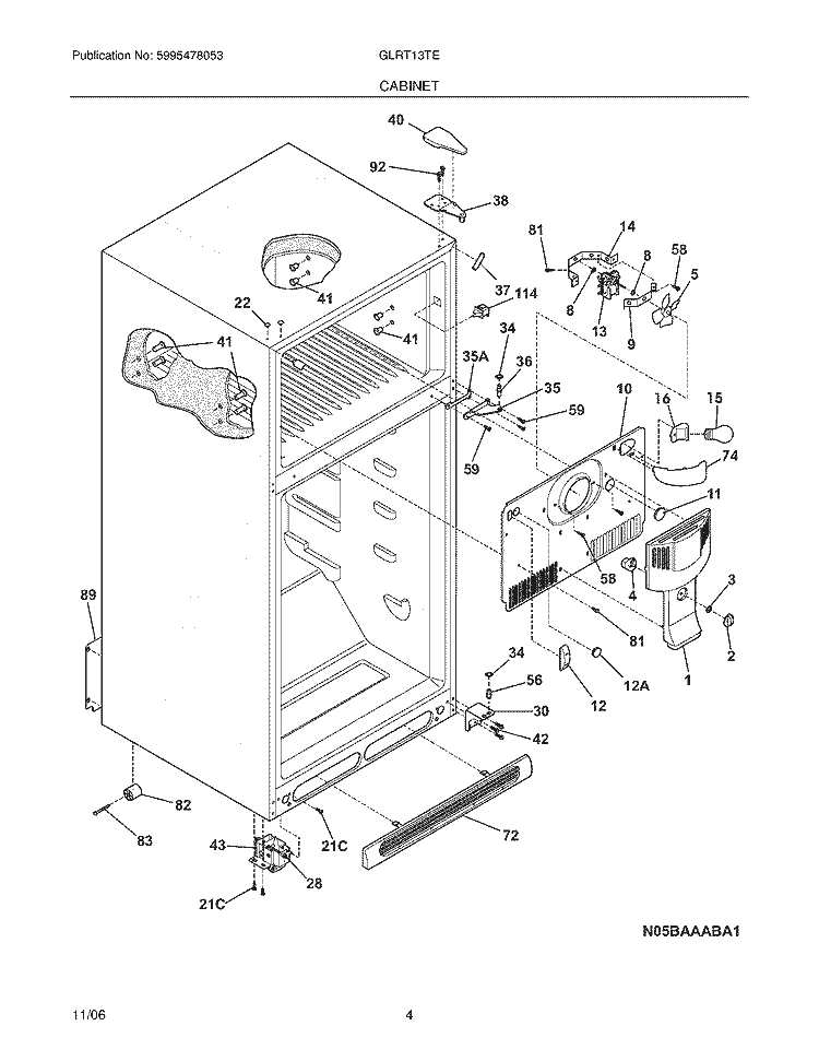 CABINET Diagram and Parts List for GLRT13TEQ4  Frigidaire Refrigerator