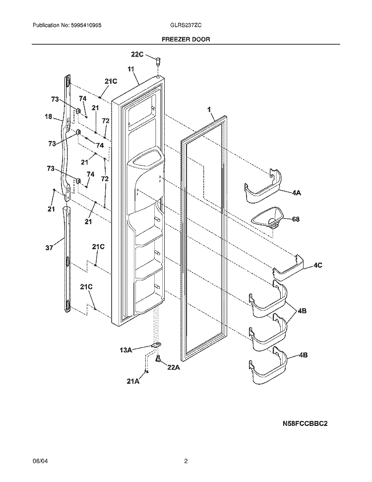 FREEZER DOOR Diagram and Parts List for GLRS237ZCB5  Frigidaire Refrigerator