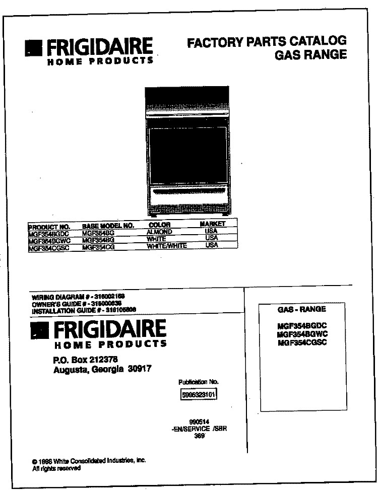 COVER Diagram and Parts List for MGF354BGDC  Frigidaire Range
