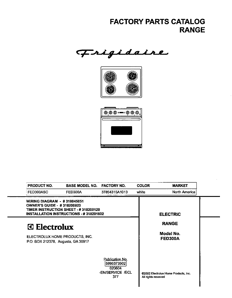 COVER Diagram and Parts List for FED300ASC  Frigidaire Range