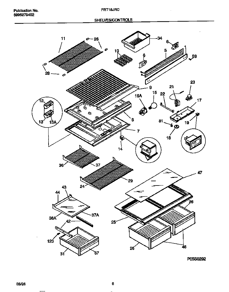 SHELVES / CONTROLS Diagram and Parts List for FRT18JRCW1  Frigidaire Refrigerator