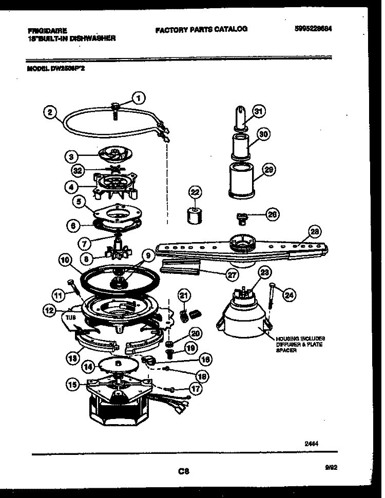 MOTOR PUMP PARTS Diagram and Parts List for DW2508PW2  Frigidaire Dishwasher