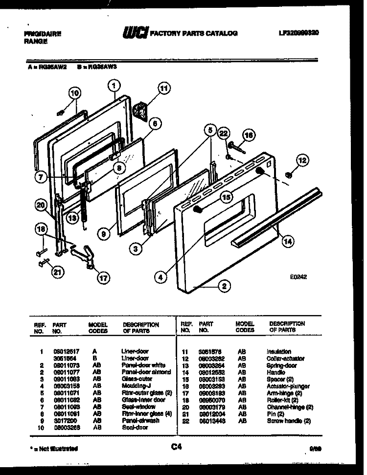 DOOR PARTS Diagram and Parts List for RG35AL2  Frigidaire Range