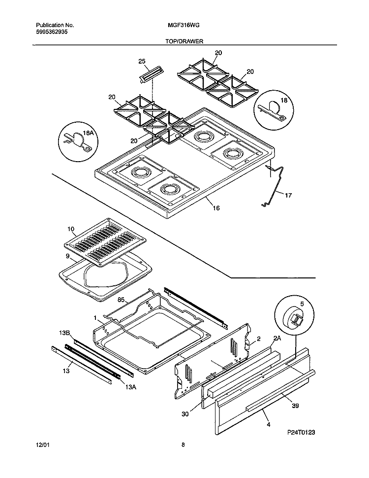 TOP / DRAWER Diagram and Parts List for MGF316WGSK  Uni Range
