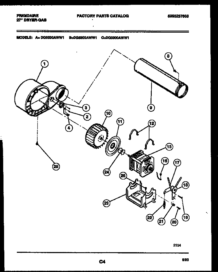 BLOWER AND DRIVE PARTS Diagram and Parts List for DG3900AWW1  Frigidaire Dryer