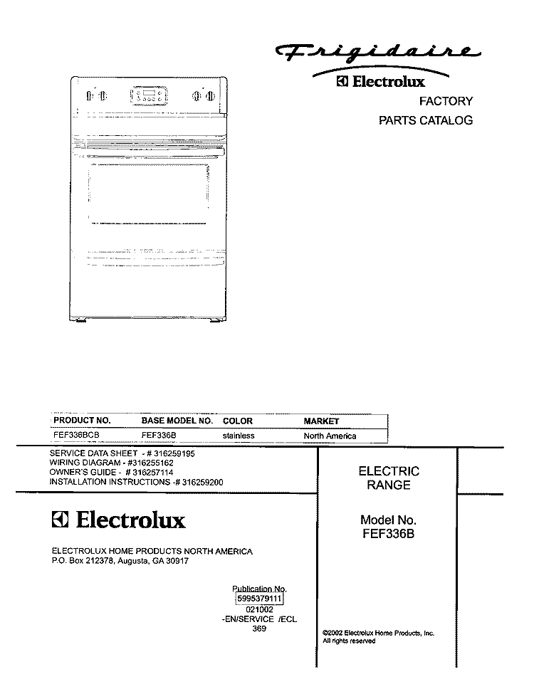 COVER Diagram and Parts List for FEF336BCB  Frigidaire Range