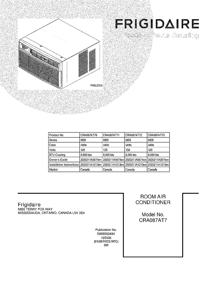 COVER Diagram and Parts List for CRA087AT72  Frigidaire Air Conditioner