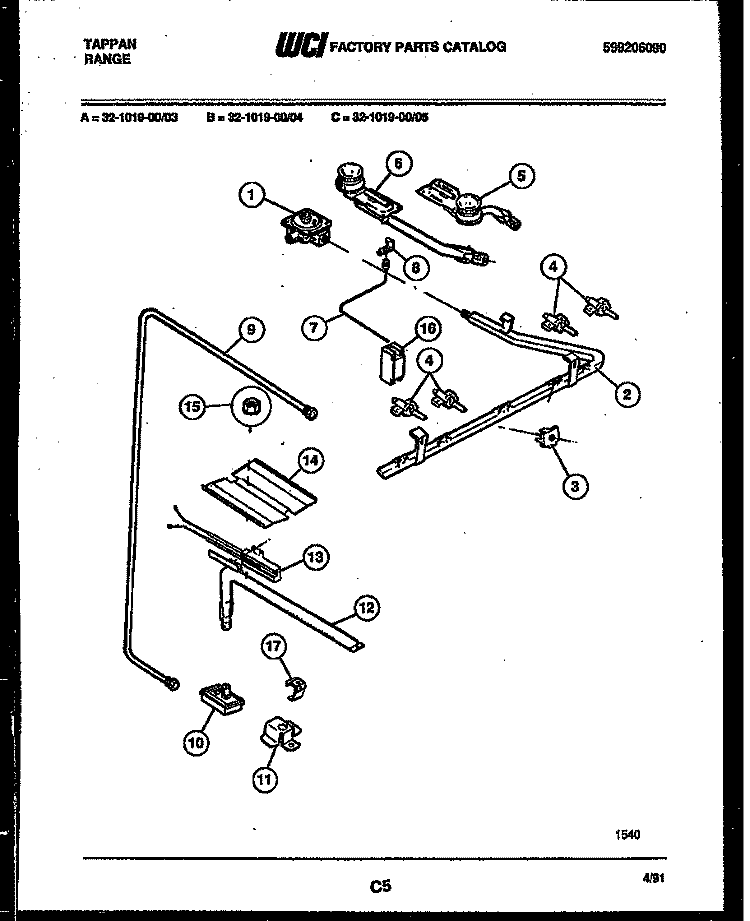 BURNER, MANIFOLD AND GAS CONTROL Diagram and Parts List for 32-1019-00-03  Tappan Range